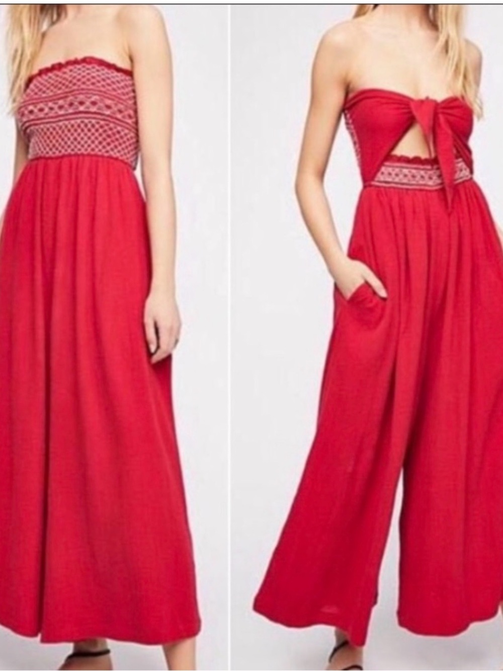 Free People Strapless Red Wide-Leg Jumpsuit with Smocked Waist